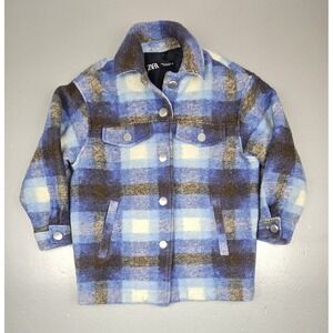 Zara‎ Wool Premium Jacket Womens XS. Shacket Check Plaid Coat Blue White.